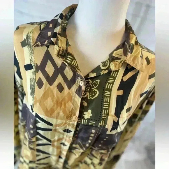 Details Express Womens Vintage 90s Silk Oversize Shirt Size L Brown Gold Funky - Picture 5 of 16